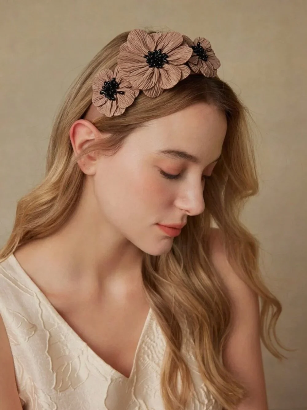 Brown Floral Headband with Black Beaded Centers